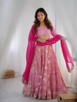 Pink tiered lehenga with blouse and magenta dupatta