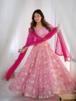 Pink tiered lehenga with blouse and magenta dupatta