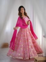 Pink tiered lehenga with blouse and magenta dupatta