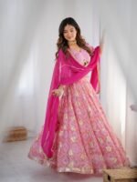Pink tiered lehenga with blouse and magenta dupatta