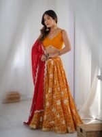 Yellow bandhani printed lehenga with blouse and red dupatta
