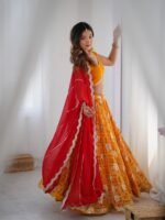 Yellow bandhani printed lehenga with blouse and red dupatta
