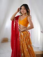 Yellow bandhani printed lehenga with blouse and red dupatta