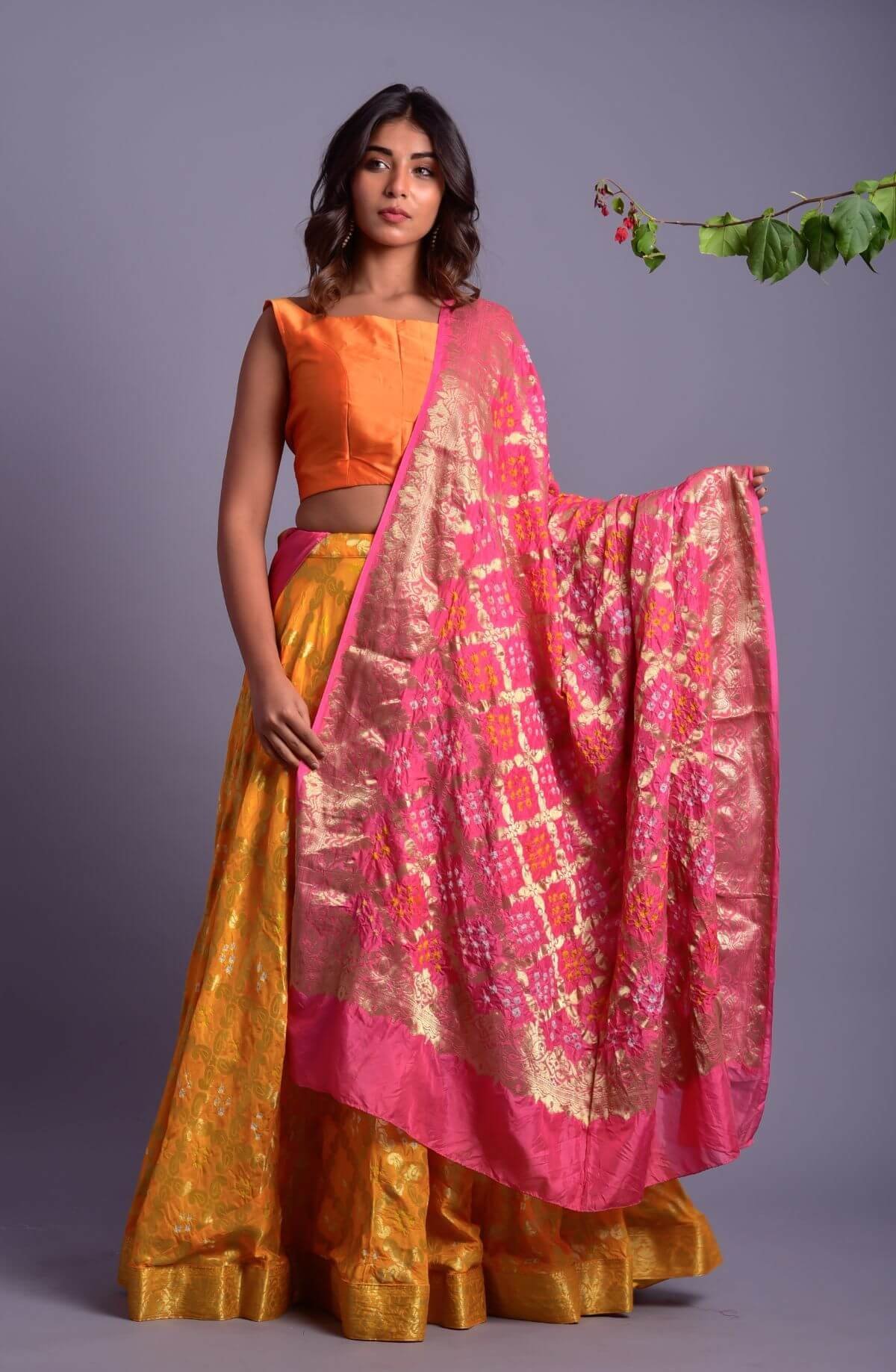 Yellow Full Flared Lehenga Set with Pink Dupatta