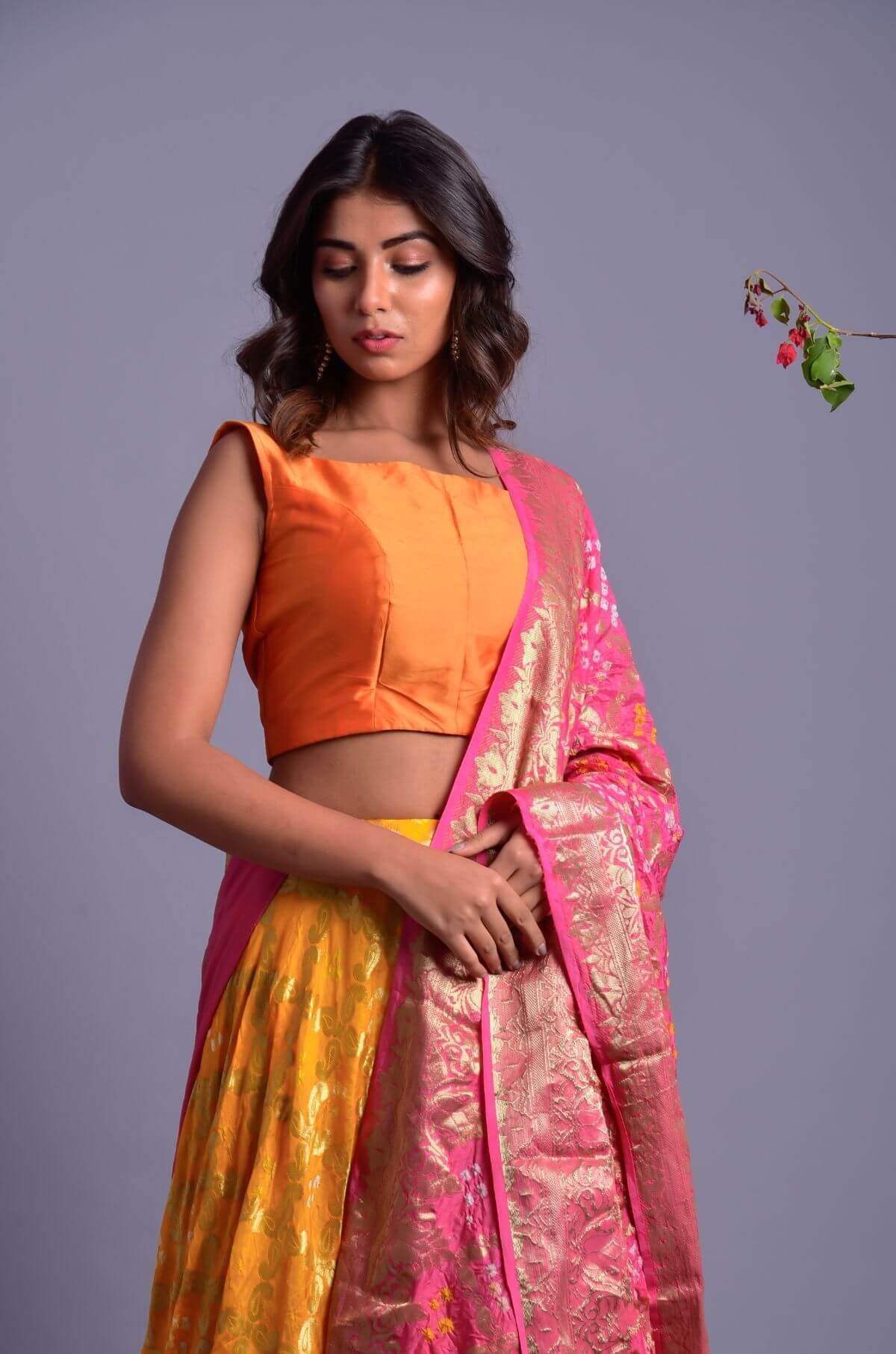 Yellow Full Flared Lehenga Set with Pink Dupatta