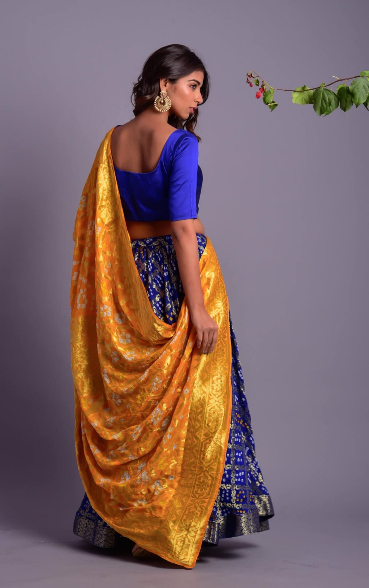 Blue Flared Lehenga with Yellow Dupatta