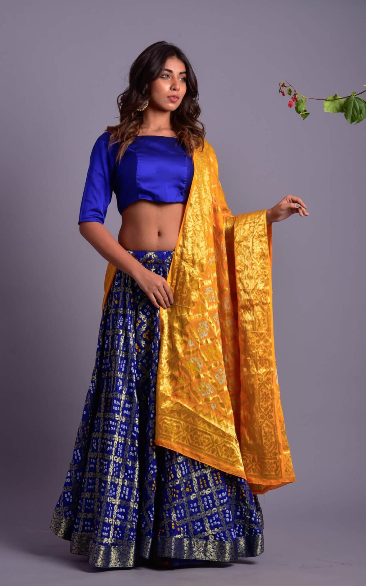 Blue Flared Lehenga with Yellow Dupatta