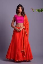 Orange Leheriya Lehenga Set with Magenta Blouse