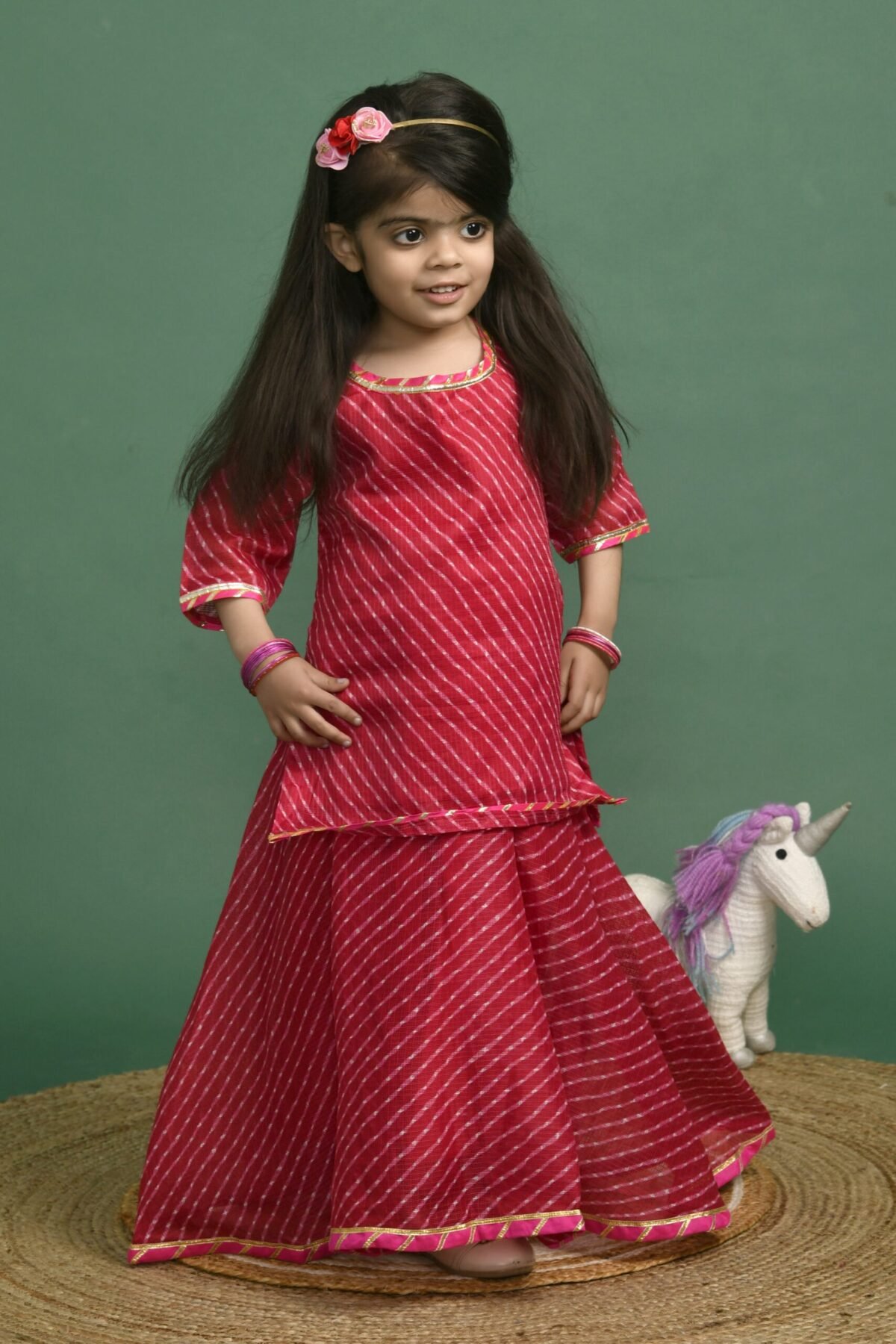 MAGENTA LEHERIYA KURTA LEHENGA SET