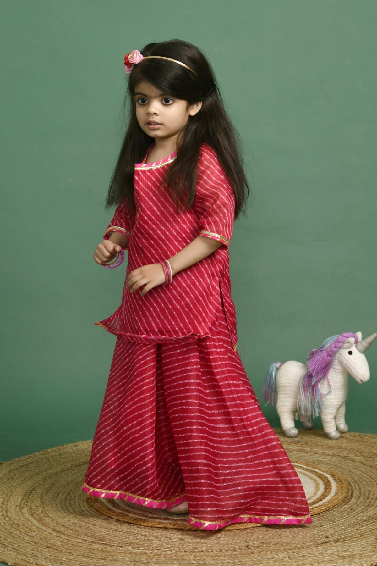 MAGENTA LEHERIYA KURTA LEHENGA SET