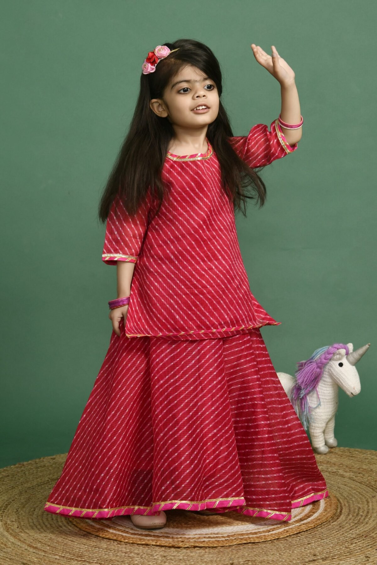 MAGENTA LEHERIYA KURTA LEHENGA SET