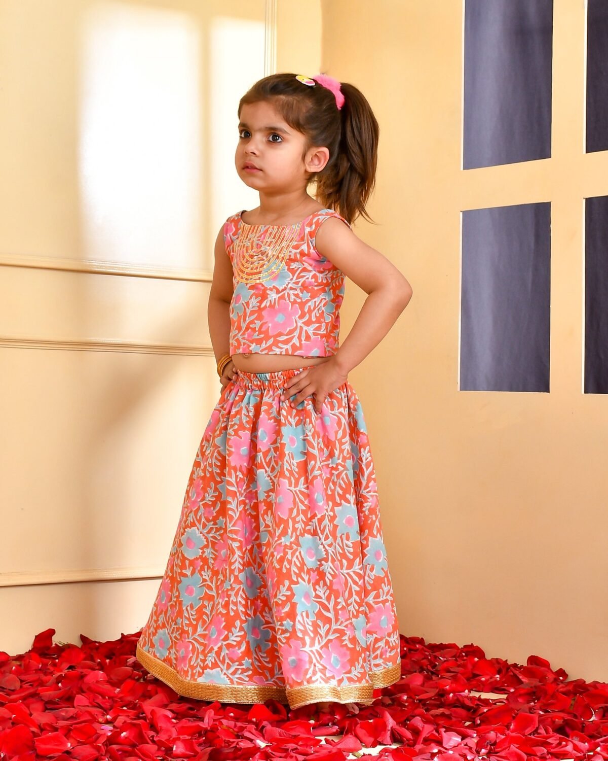 PINK ORANGE GOTA SKIRT TOP SET