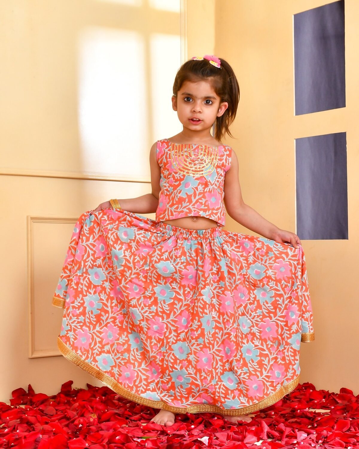 PINK ORANGE GOTA SKIRT TOP SET