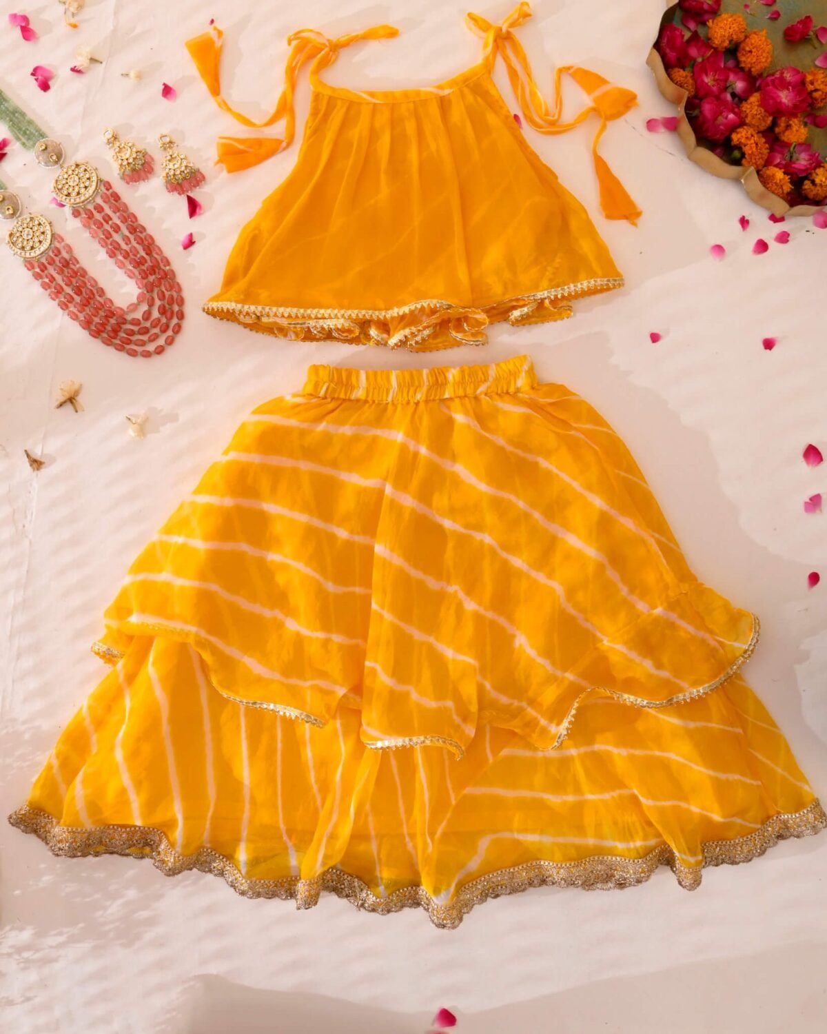 Kids yellow leheriya lehenga top set