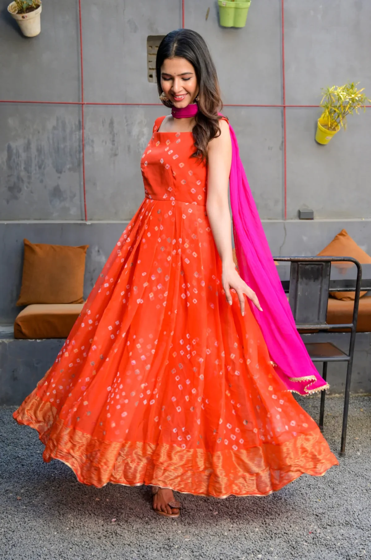 Orange bandhani print anarkali with dupatta