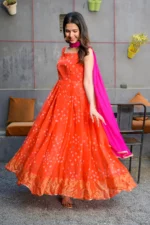 Orange bandhani print anarkali with dupatta