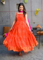 Orange bandhani print anarkali with dupatta