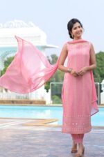 Pink chikankari suit set For Women