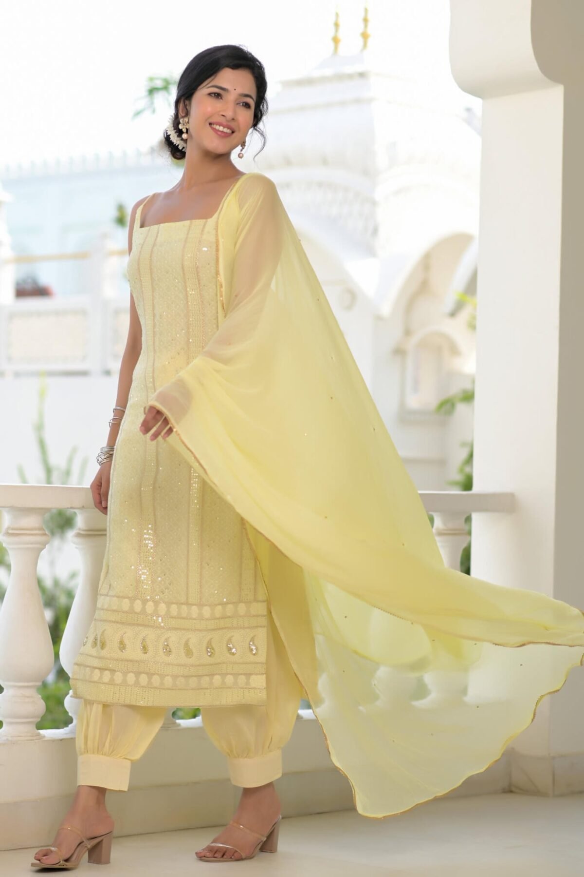 yellow chikankari suit set