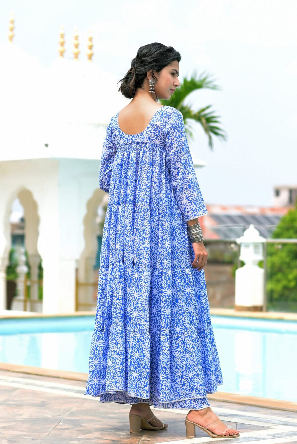 Blue block print anarkali set