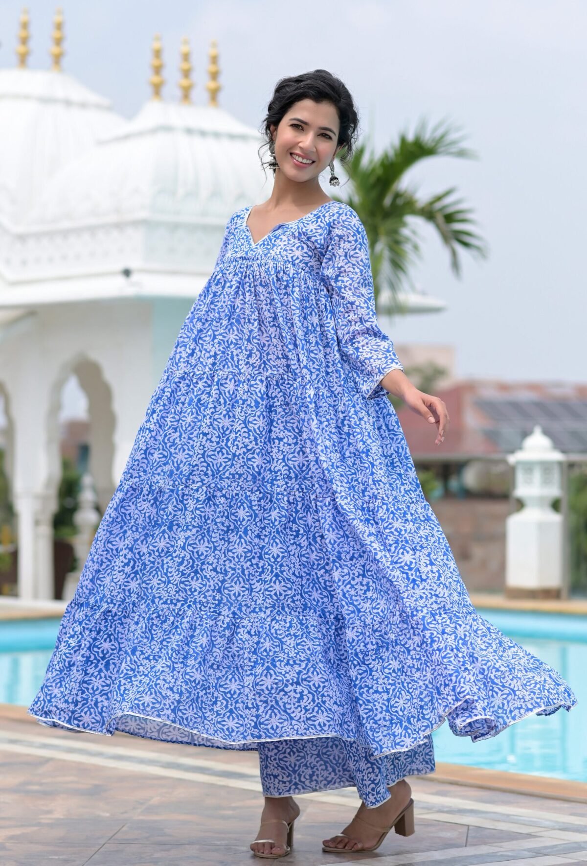 Blue block print anarkali set