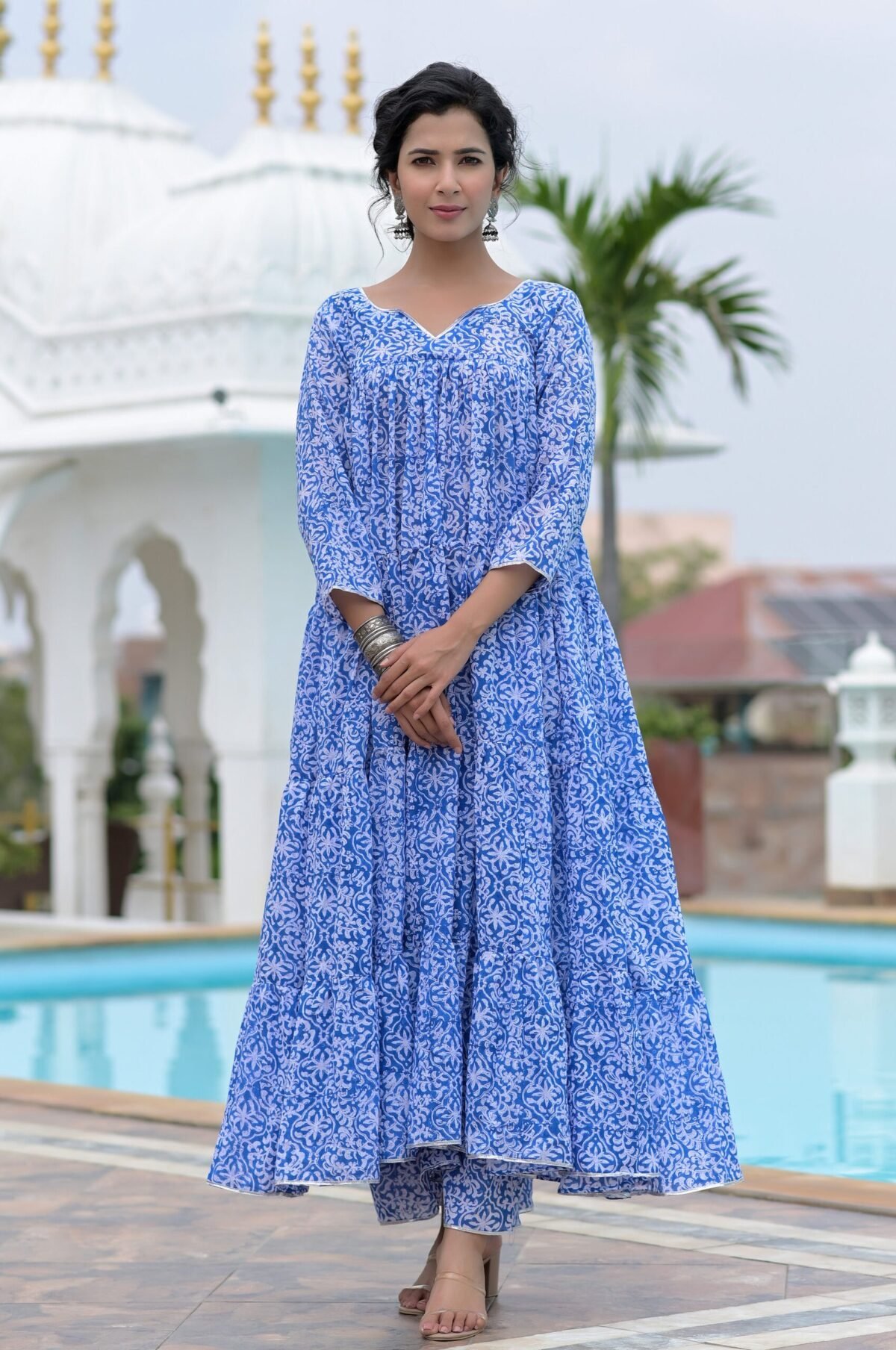 Blue block print anarkali set
