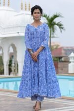 Blue block print anarkali set