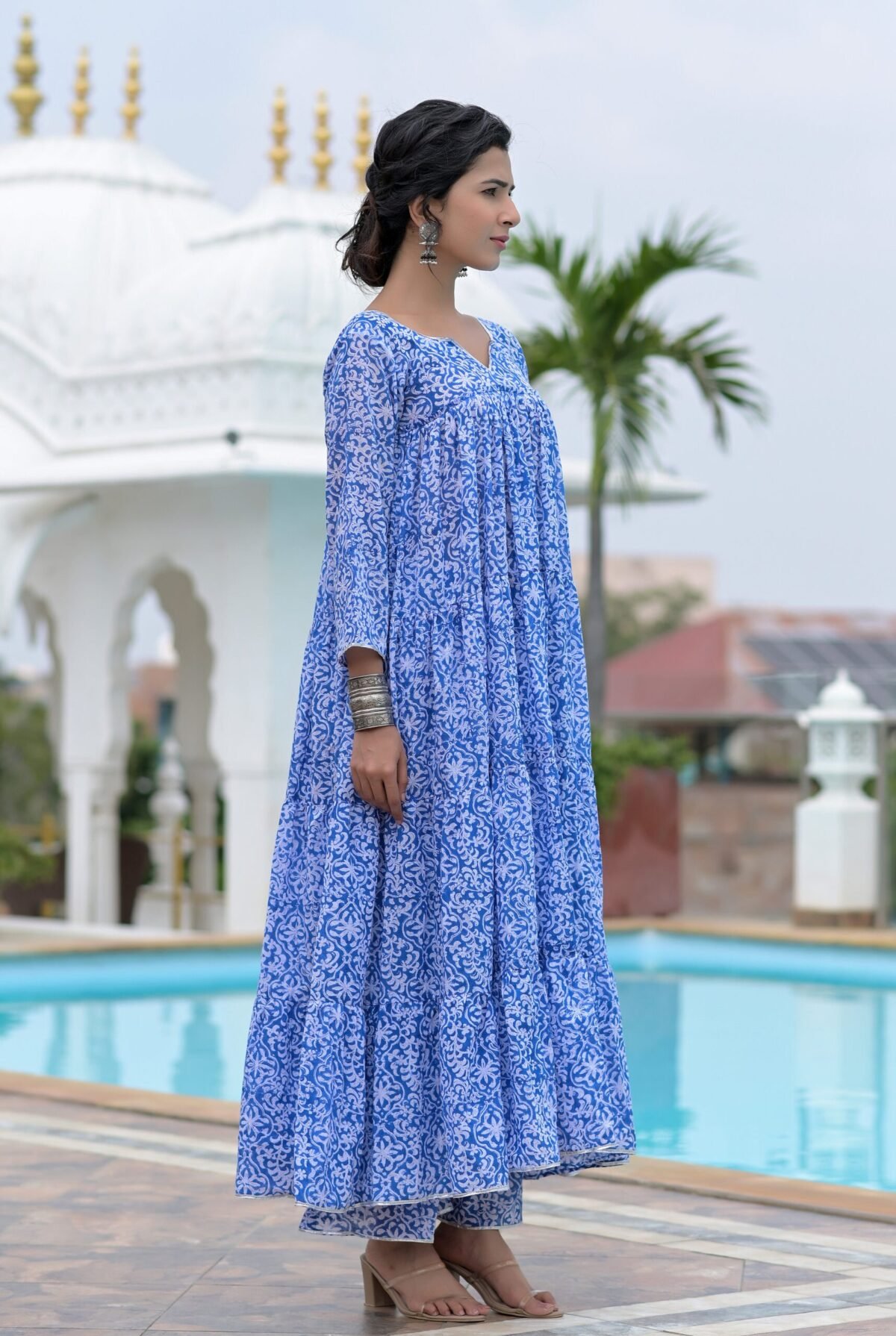 Blue block print anarkali set