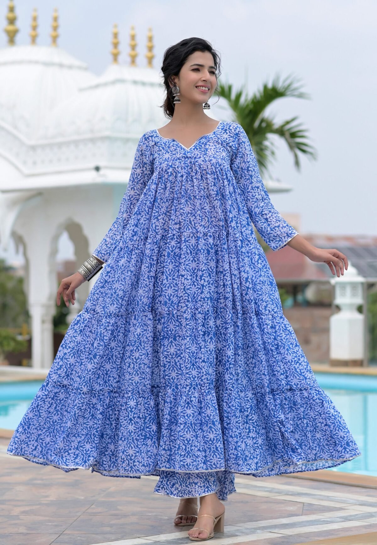 Blue block print anarkali set