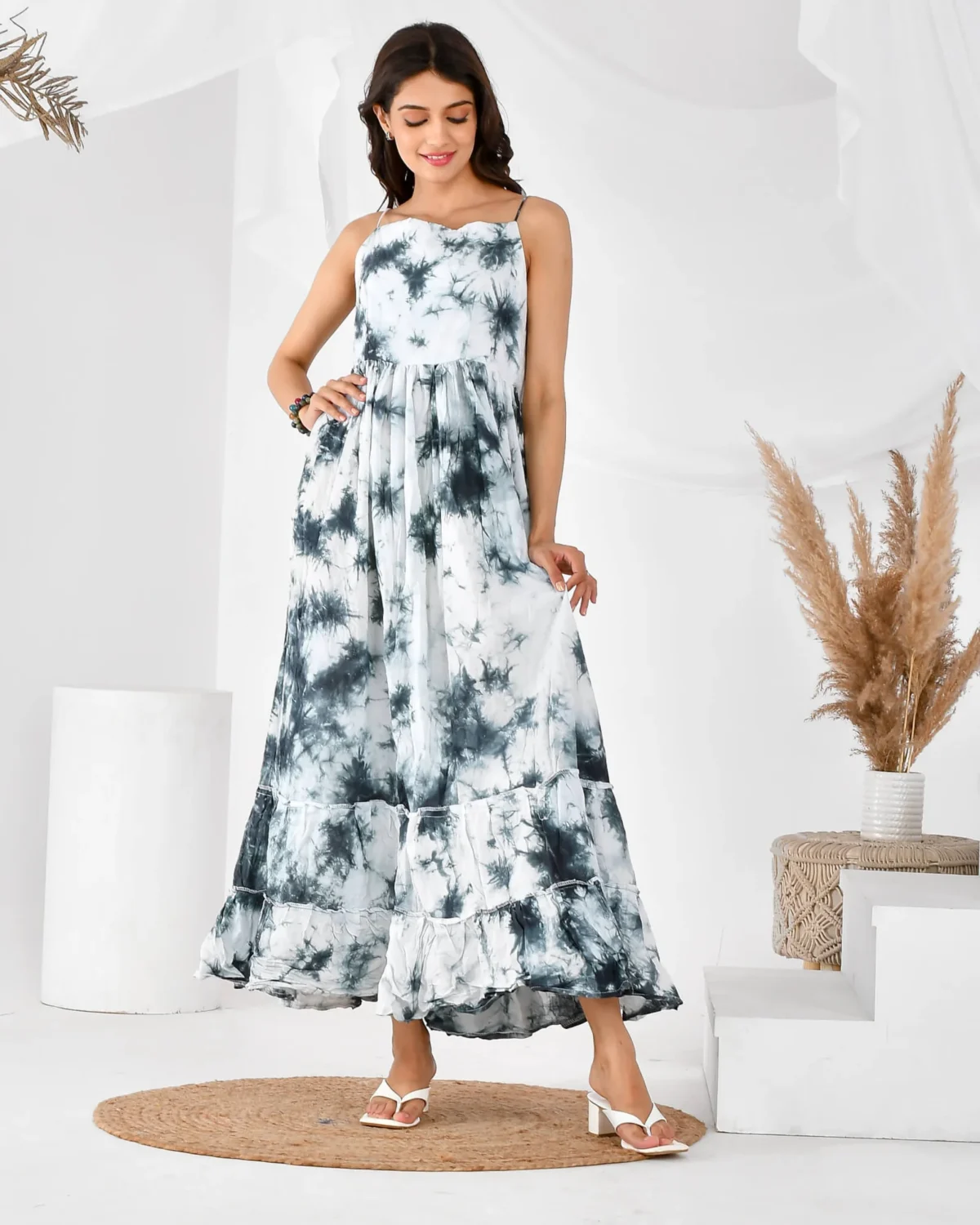 Grey white shibori dress