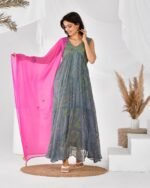 GREY PINK BANDHANI ANARKALI SET