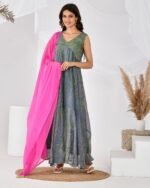 GREY PINK BANDHANI ANARKALI SET
