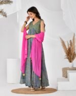 GREY PINK BANDHANI ANARKALI SET