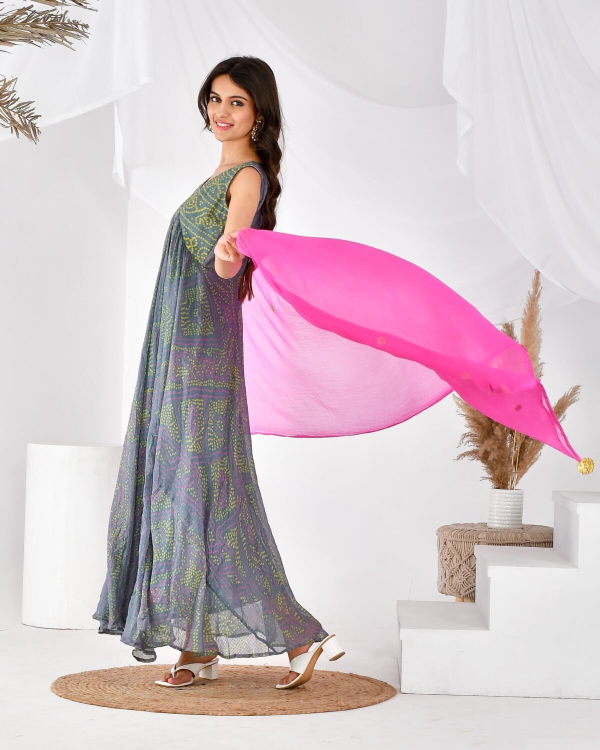 GREY PINK BANDHANI ANARKALI SET