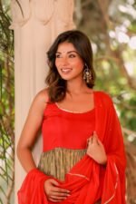 Red and brown bandhani anarkali set