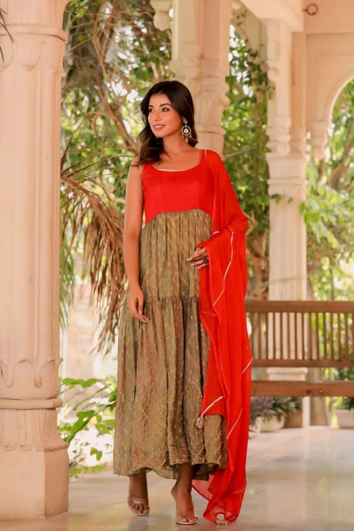 Red and brown bandhani anarkali set