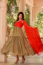 Red and brown bandhani anarkali set