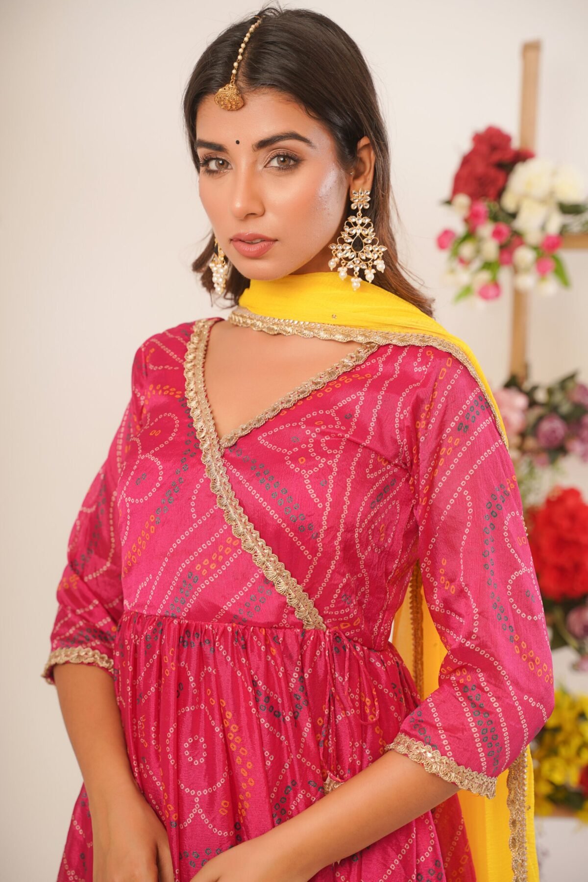 Magenta bandhani anarkali palazzo set (set of 3)