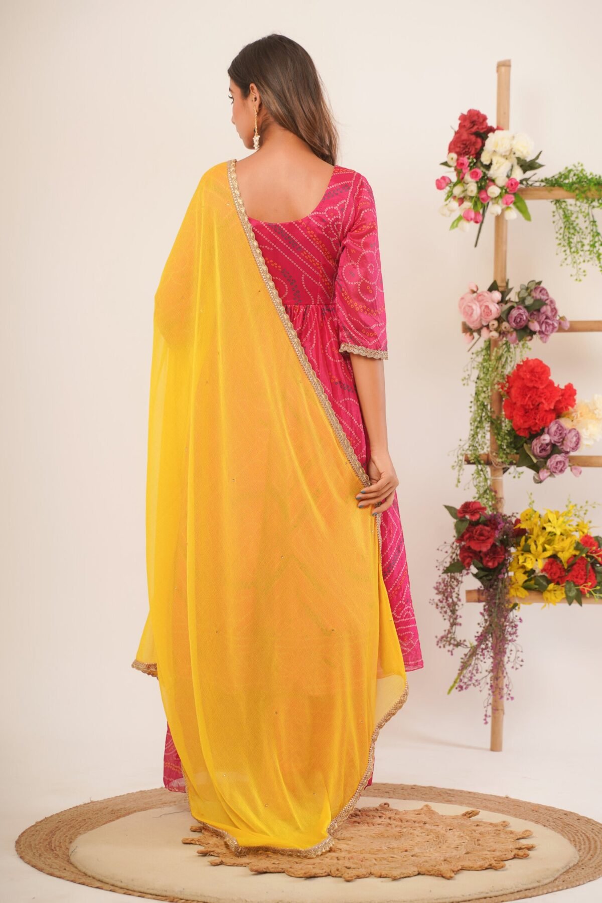 Magenta bandhani anarkali palazzo set (set of 3)