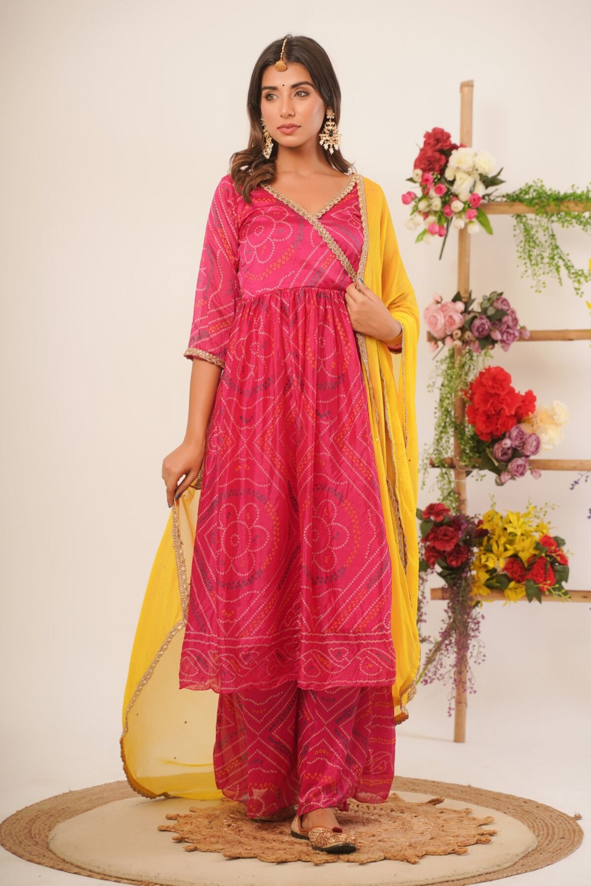Magenta bandhani anarkali palazzo set (set of 3)