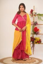 Magenta bandhani anarkali palazzo set (set of 3)