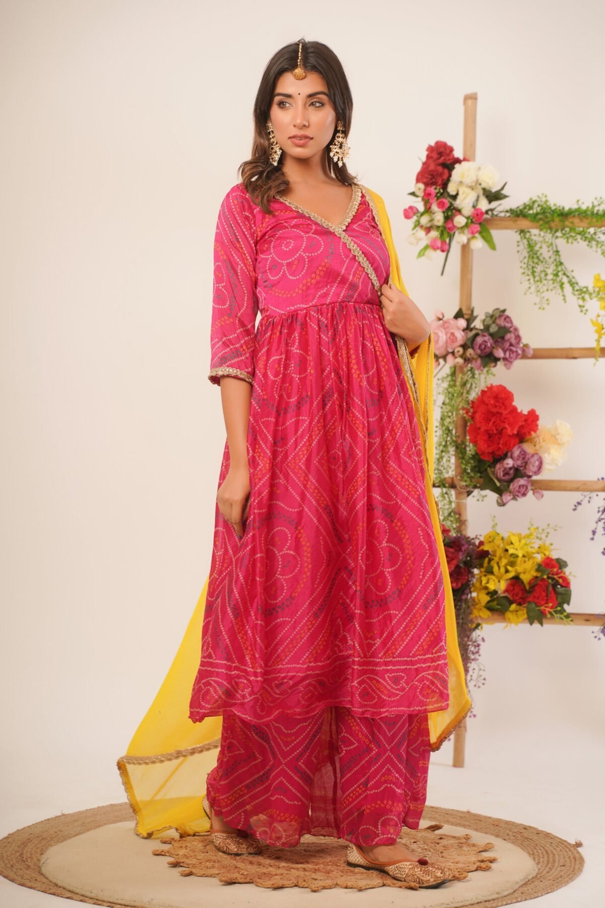 Magenta bandhani anarkali palazzo set (set of 3)