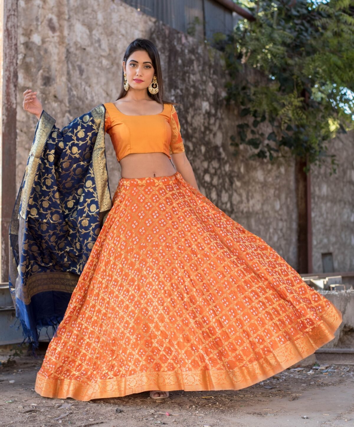 ORANGE BLOUSE WITH BLOUSE AND BLUE DUPATTA SET