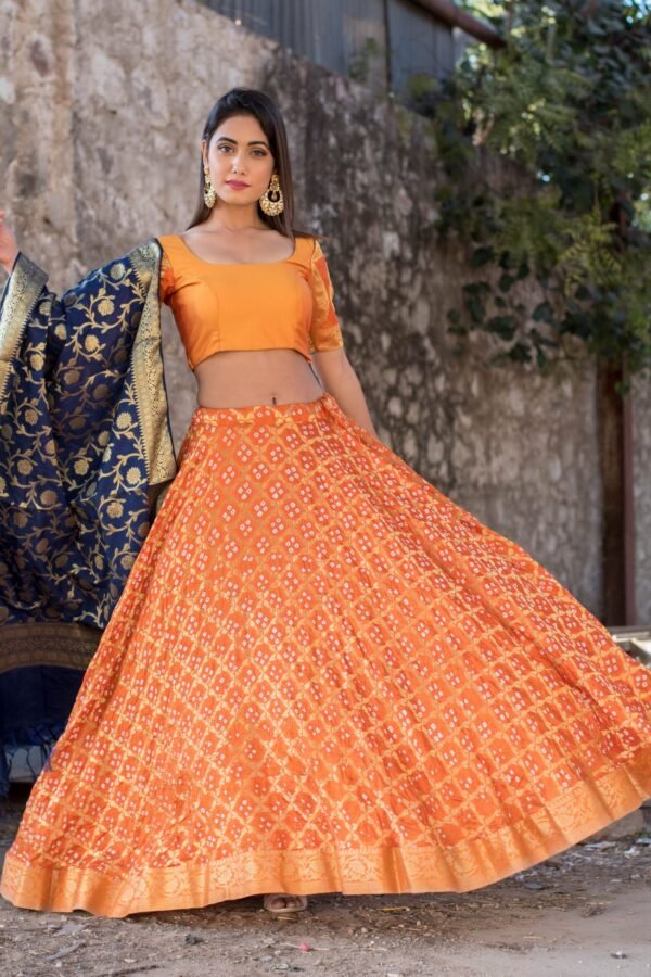 ORANGE BLOUSE WITH BLOUSE AND BLUE DUPATTA SET
