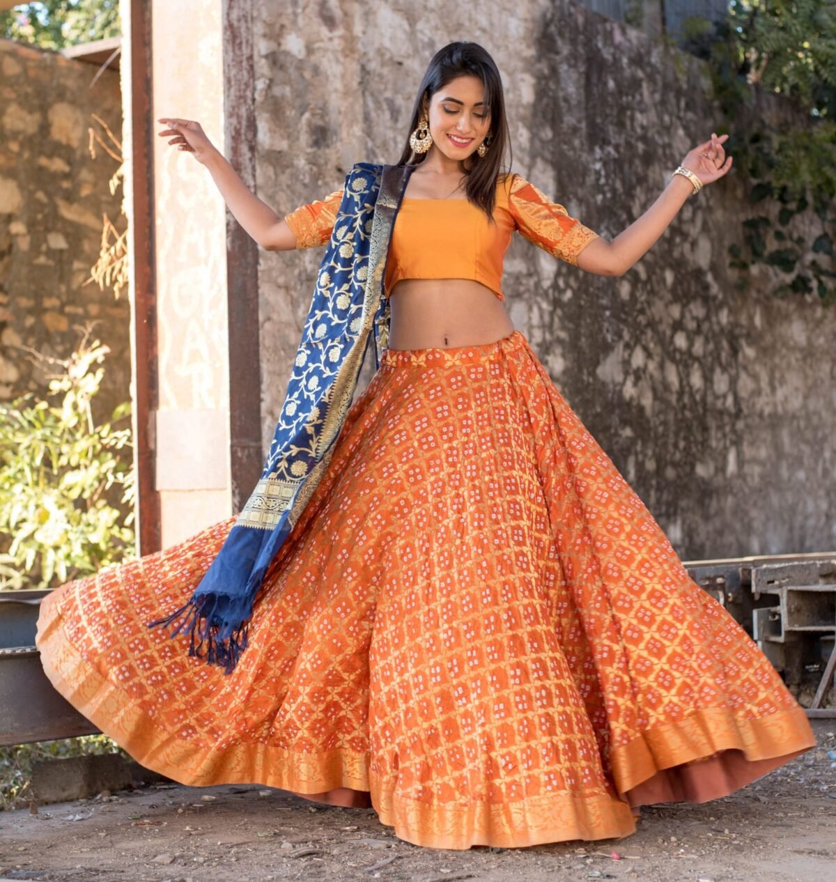 ORANGE BLOUSE WITH BLOUSE AND BLUE DUPATTA SET