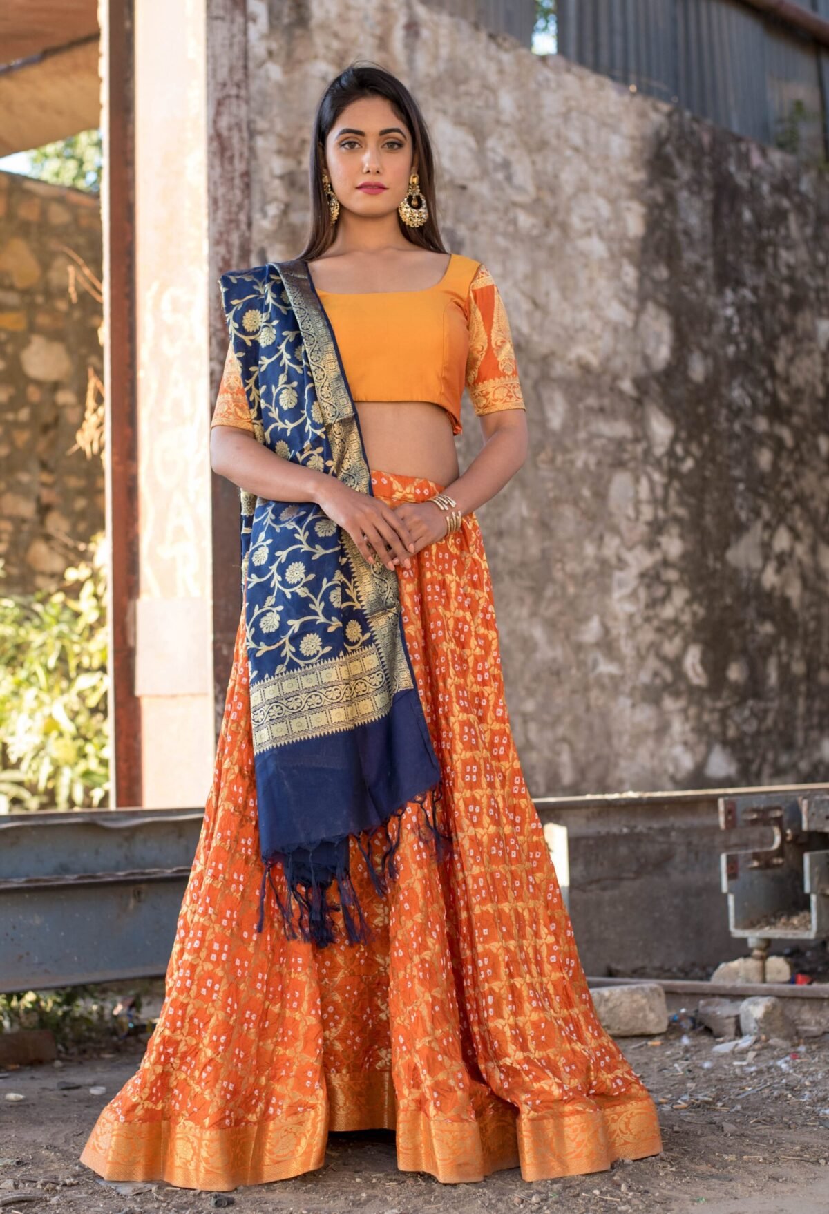 ORANGE BLOUSE WITH BLOUSE AND BLUE DUPATTA SET