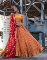 ORANGE ART SILK LEHENGA WITH BLOUSE AND DUPATTA