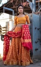 ORANGE ART SILK LEHENGA WITH BLOUSE AND DUPATTA