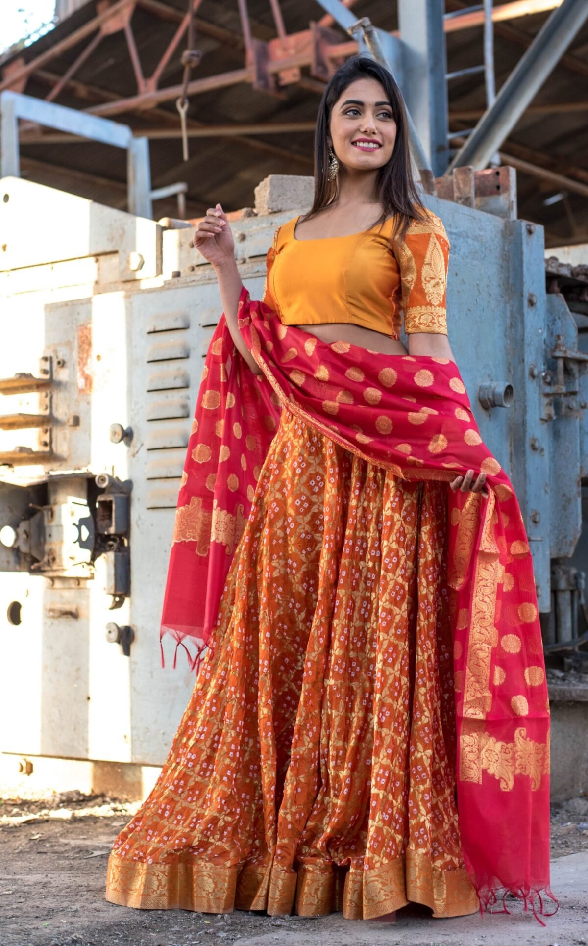 ORANGE ART SILK LEHENGA WITH BLOUSE AND DUPATTA