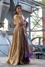 GOLDEN BEIGE LEHENGA WITH PURPLE BANARASI DUPATTA (set of 3)